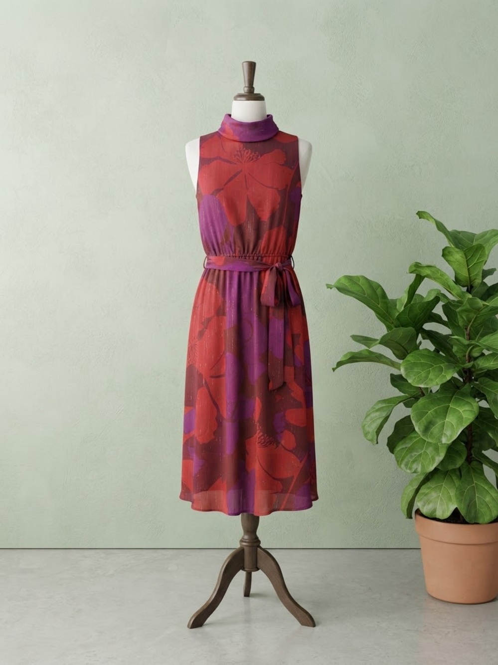Liz Claiborne Red and Purple Floral Midi Dress with Tie Waist